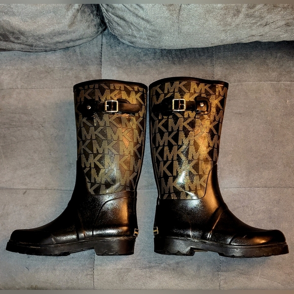 MICHAEL KORS SIGNATURE MK MONOGRAM BLACK RAIN BOOTS SIZE 7 WATERPROOF 14" - Picture 6 of 11